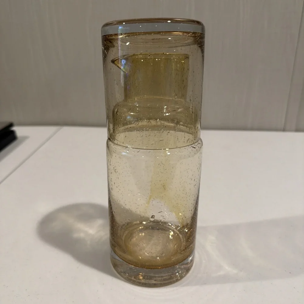 VTG MCM Amber Mouth‎ Blown Bubble Glass Decanter Tumbler Bedside Carafe 8.5